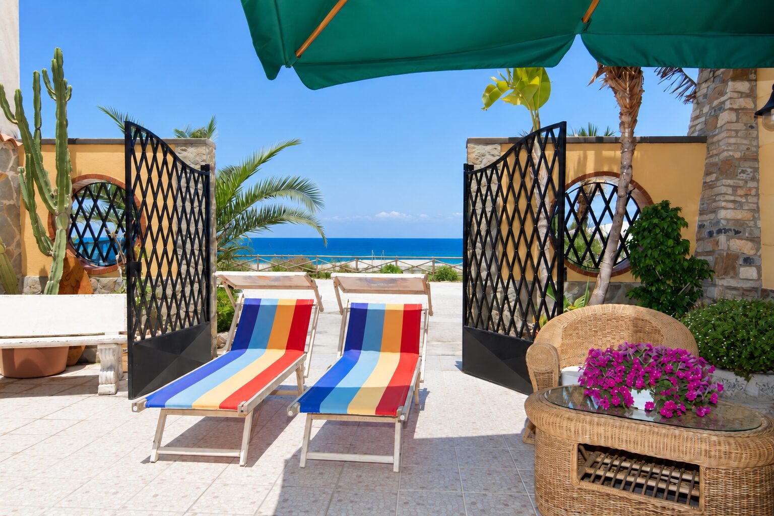 Loft terrace with colourful loungers and a level sea horizon
