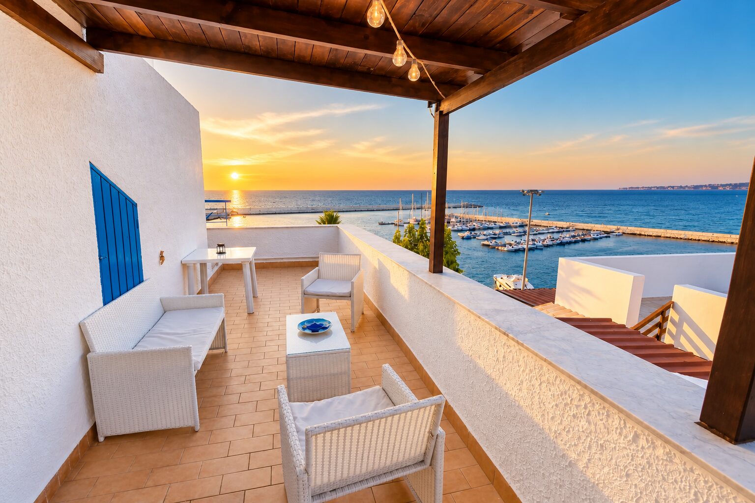 Terrace dining with harbour views